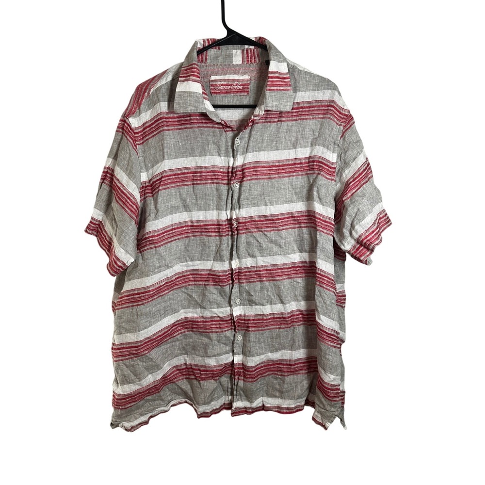 Tasso Elba Mens XL 100% Linen Short Sleeve Button Up Striped Shirt Red Grey